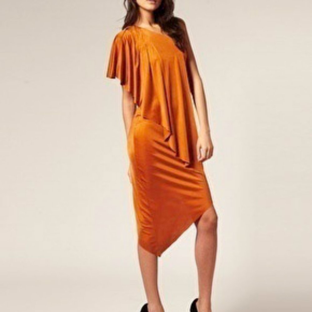 ASOS Satin Orange Draped Shiny Dress Asymmetrical Sz Small 4 NEW